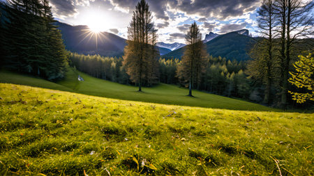 landscape in the mountains at sunset with trees and grass in foregroundの素材