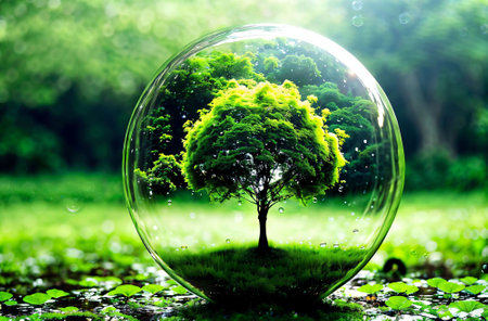 Ecology concept. Green tree inside a glass ball on nature backgroundの素材