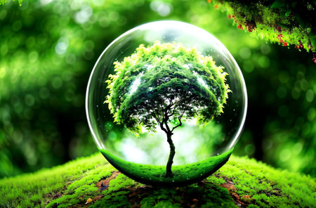 Crystal ball with tree in the forest, environment and ecology concept.の素材