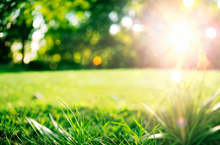 Green grass in the park with sunlight and bokeh background.の素材