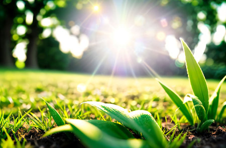 Green grass in the garden with sun light and bokeh backgroundの素材