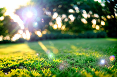Green grass in the garden with sunlight and bokeh background.の素材