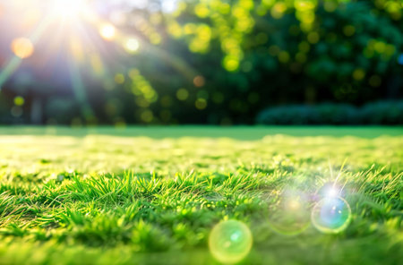 Green grass with lens flare and bokeh in the park.の素材
