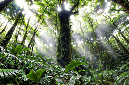 Tropical rainforest with sun rays shining through trees and leavesの素材