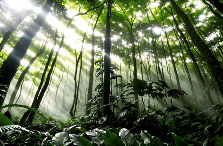 Tropical rainforest with sunbeams shining through the treesの素材