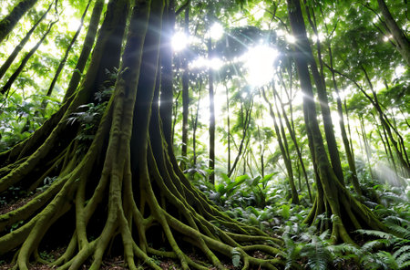 Green tree in rainforest with sun light and lens flare effect.の素材