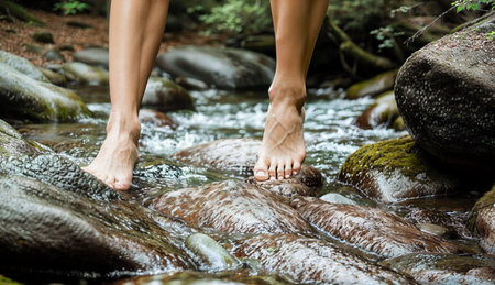 Close-up of a woman's bare feet standing in a streamの素材