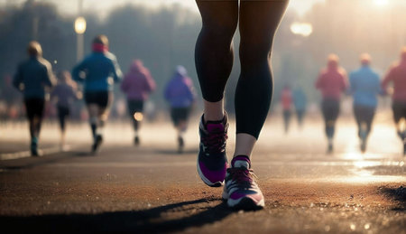 Marathon running race, people feet on city road at sunrise.の素材