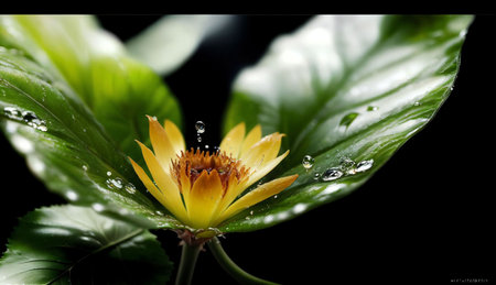Yellow water lily and green leaves on a black background with water dropsの素材