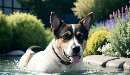 Portrait of a cute mixed breed dog swimming in a swimming poolの素材