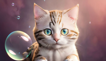 Cute cat with soap bubbles on color background, close-upの素材