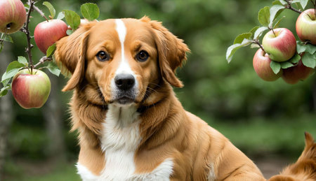 A purebred dog in an apple garden on a summer day.の素材