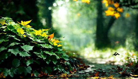 Autumn leaves on the road in the forest. Selective focusの素材