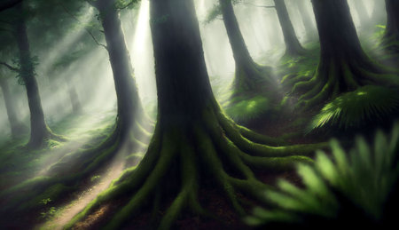 Mysterious green forest in a foggy day. Halloween conceptの素材