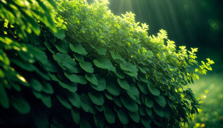 Green leaves in the morning sunlight. Natural background. Shallow depth of field.の素材