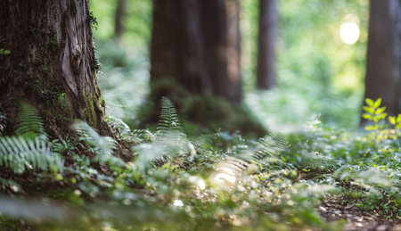 Fern leaves in the forest with sunbeams and lens flareの素材
