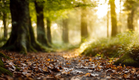 Autumn forest with sun rays and bokeh. Nature backgroundの素材