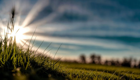 Sunset over green grass field with blue sky and white clouds.の素材