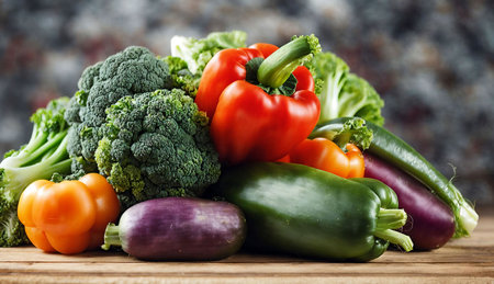 Fresh vegetables on wooden table. Healthy food background. Selective focus.の素材