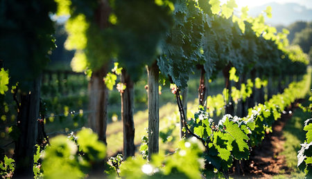 Rows of grapes in the vineyard in the light of the sunの素材