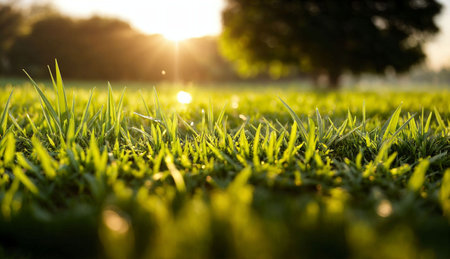 Green grass on the field at sunset. Selective focus. Nature.の素材