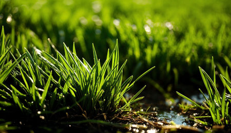 Green grass in the morning light. Shallow depth of field.の素材