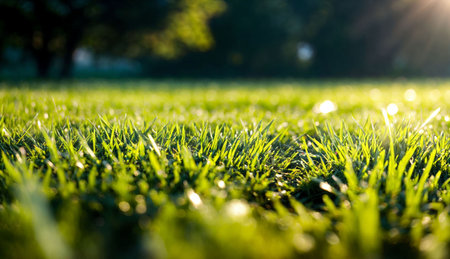 Green grass with sun rays and bokeh effect. Natural background.の素材