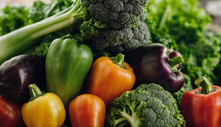 Variety of fresh organic vegetables. Healthy food background. Top view.の素材
