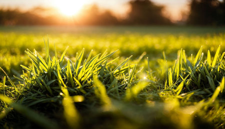 Green grass in the sunset light. Close up. Soft focus.の素材