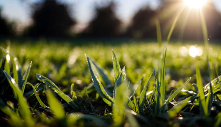 Morning dew on green grass in the park. Shallow depth of fieldの素材