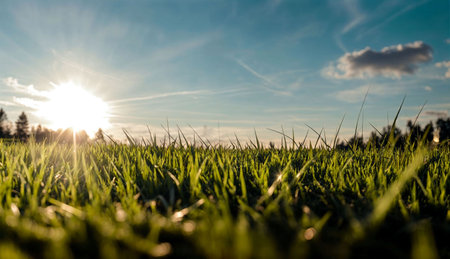 Sunset on a meadow with green grass and blue sky.の素材