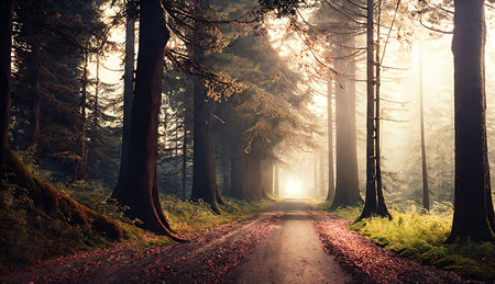 Road in the forest at sunrise. Retro style toned image.の素材