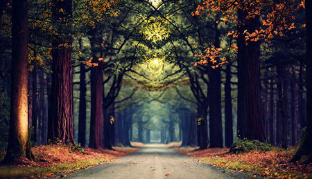 Autumn road in the forest. Conceptual image with autumn treesの素材