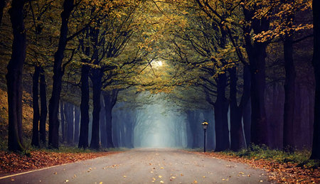 road in the autumn forest at night with trees and fog, tonedの素材