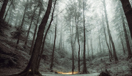 Mysterious winter forest with fog in the background. Magical winter forestの素材
