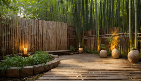 Beautiful bamboo garden with lanterns and lanterns in the morningの素材