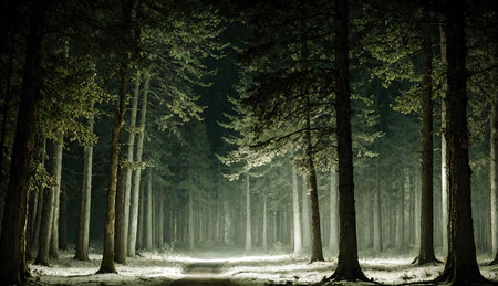 Foggy night in the dark forest. Conceptual image.の素材