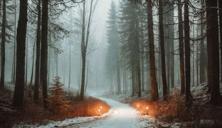 Road in the forest in winter with fog and sunbeams.の素材