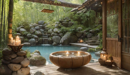Bamboo garden with hot tub and candles in a summer day.の素材