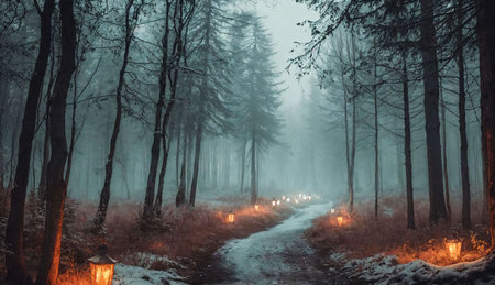 Foggy path in the winter forest with glowing lanterns.の素材