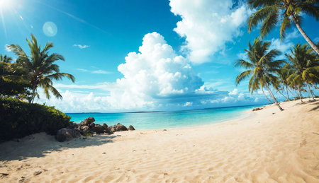 Tropical beach with palm trees at Seychelles - nature backgroundの素材
