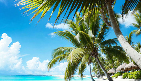 tropical beach with palm trees and blue sky, Seychellesの素材