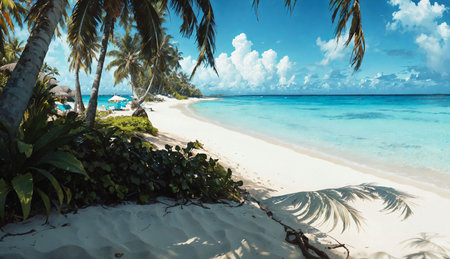Tropical beach with palm trees at Seychelles, Maheの素材