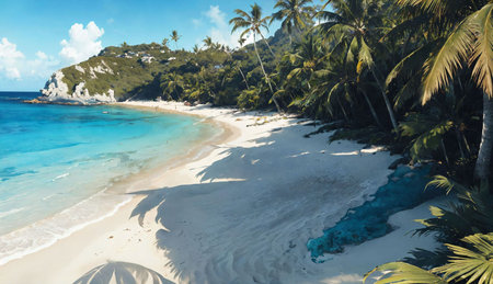 Tropical beach with palm trees and white sand at Seychellesの素材