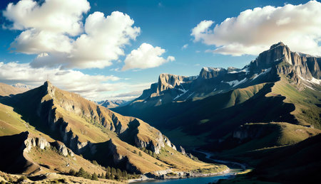 Panoramic view of the mountains and the lake. Dolomites, Italyの素材