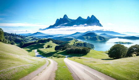 Mountain landscape with road and blue sky. Panoramic viewの素材