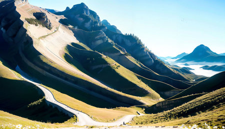 Beautiful alpine landscape with road and blue sky, Switzerland.の素材