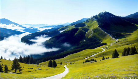 Panoramic view of the alpine meadows in Switzerland.の素材