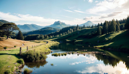 Idyllic landscape with a lake and mountains in the background.の素材