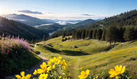 Landscape with meadow and flowers in the Carpathian mountainsの素材